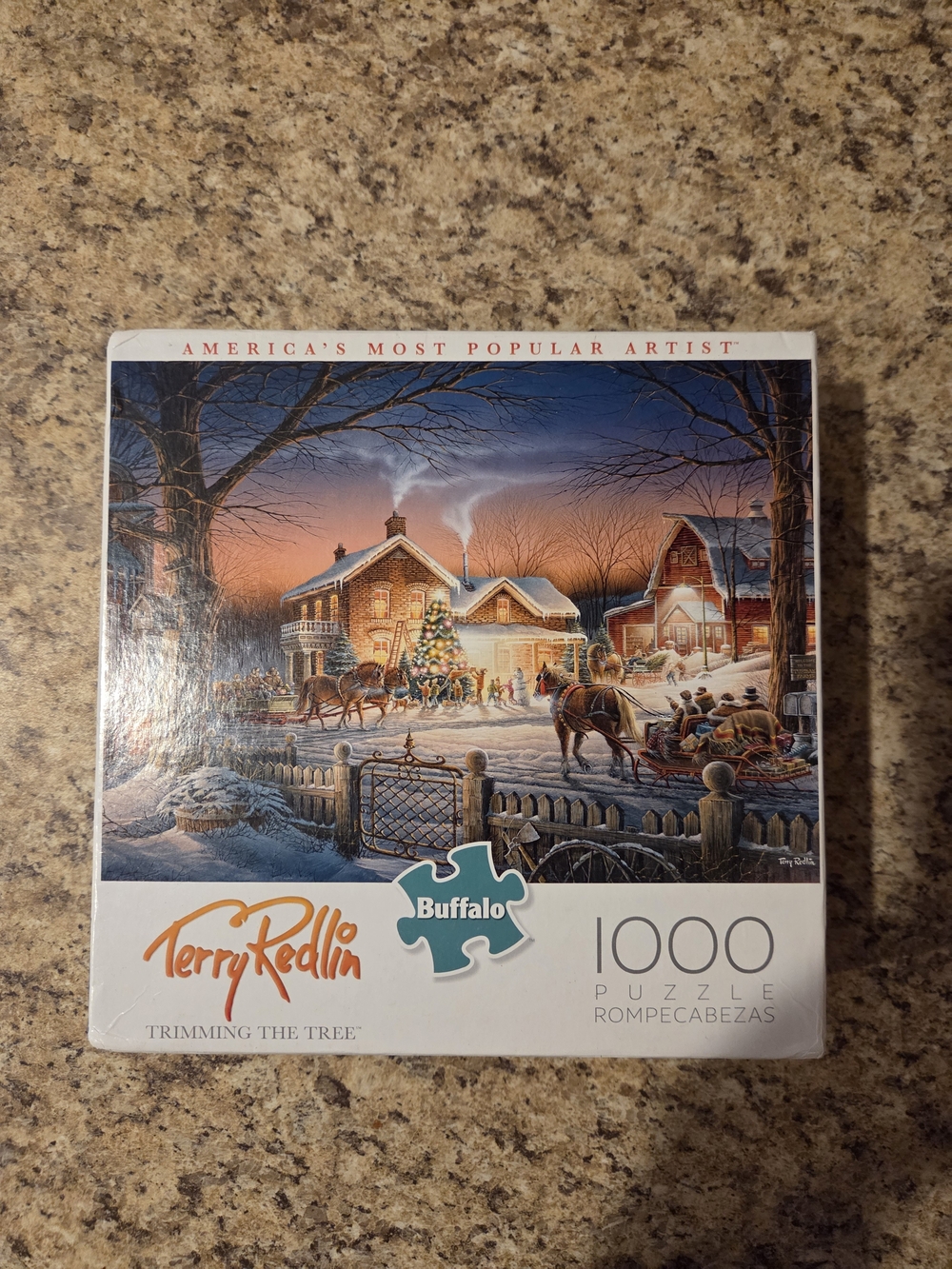 Terry Redlin Trimming the Tree 1000-Piece Puzzle – White Winter Scene by Buffalo